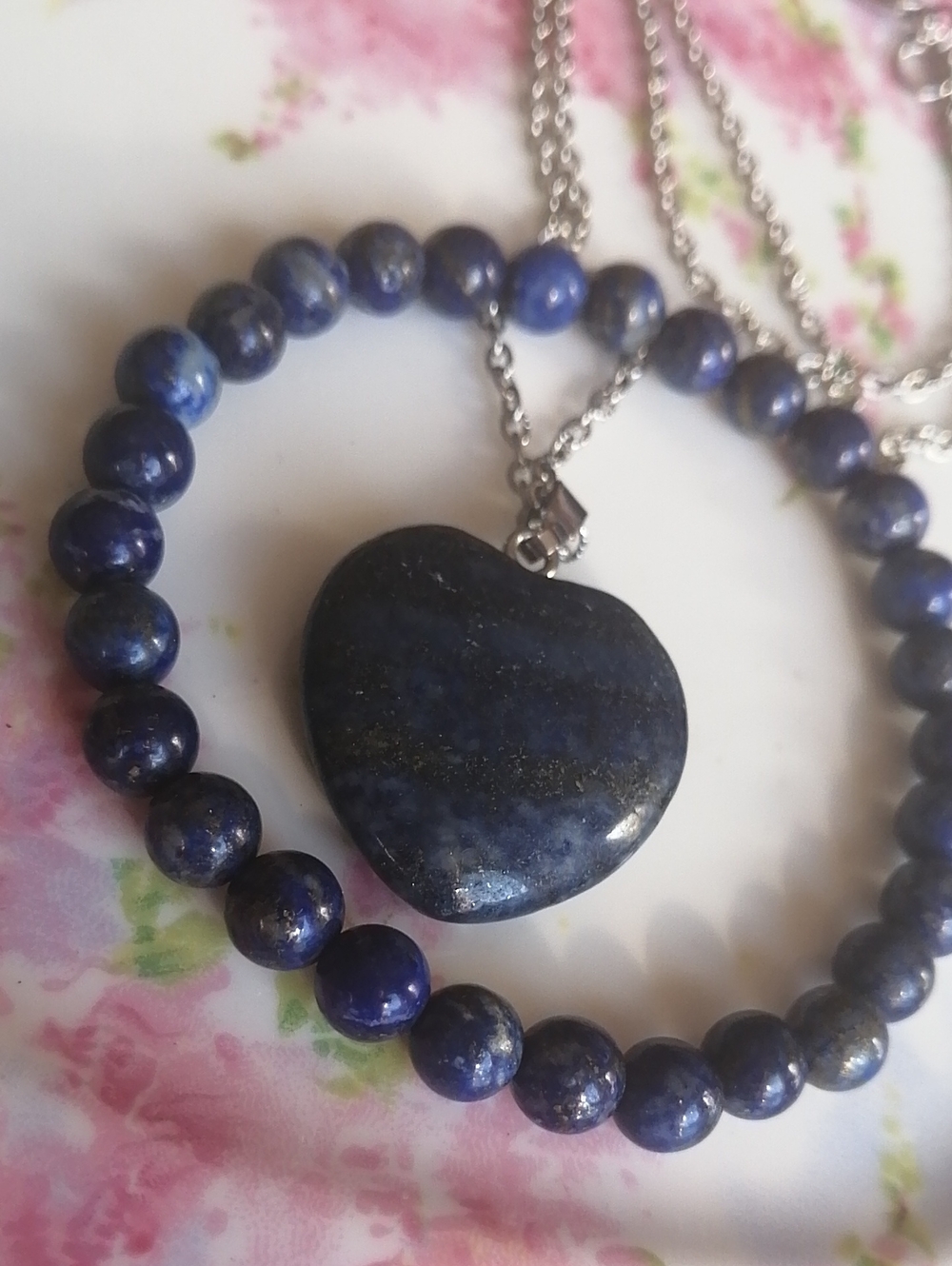 For Lapis Lazuli Lovers Heart Pendant Necklace + Stretching Bracelet Bundle